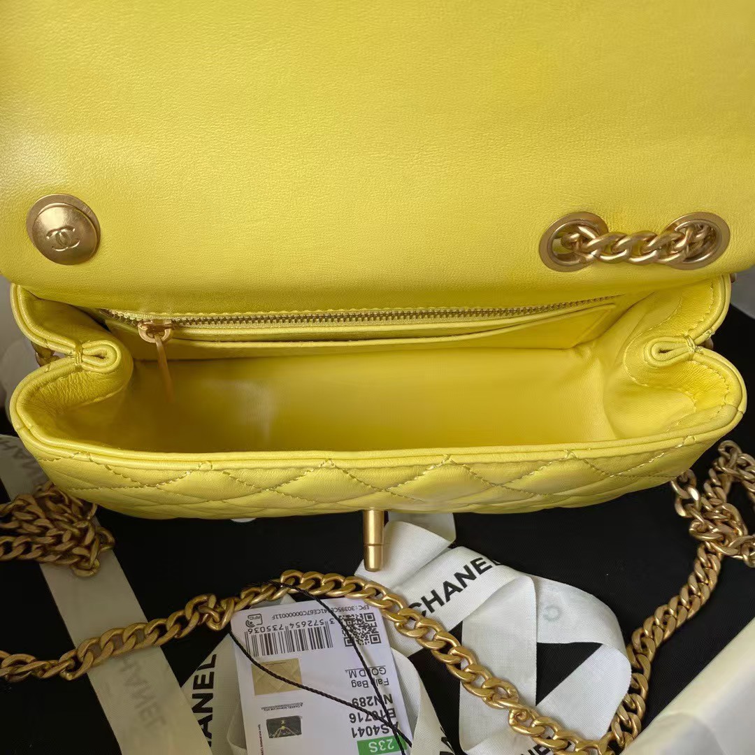 Replicate Chanel 23S AS4041 Mini Camellia Embossed Rectangular Flap Bag Antique Gold Metal Hardware Yellow(1:1 replica)