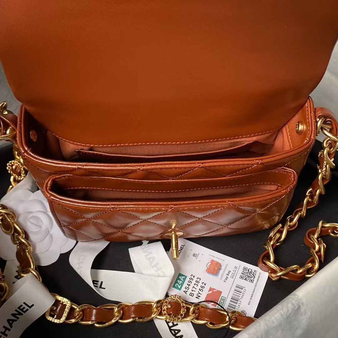 Replicate Chanel 24A AS4992 Mini Shiny Lambskin Flap Bag with Top Handle Brown(1:1 replica)