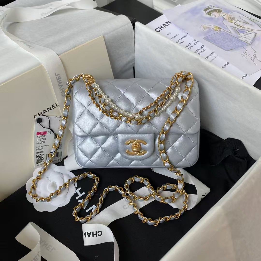 Replicate Chanel AS4385 Mini Flap Bag Pearl Lambskin Faux Pearl   Gold Metal Grey(1:1 replica)