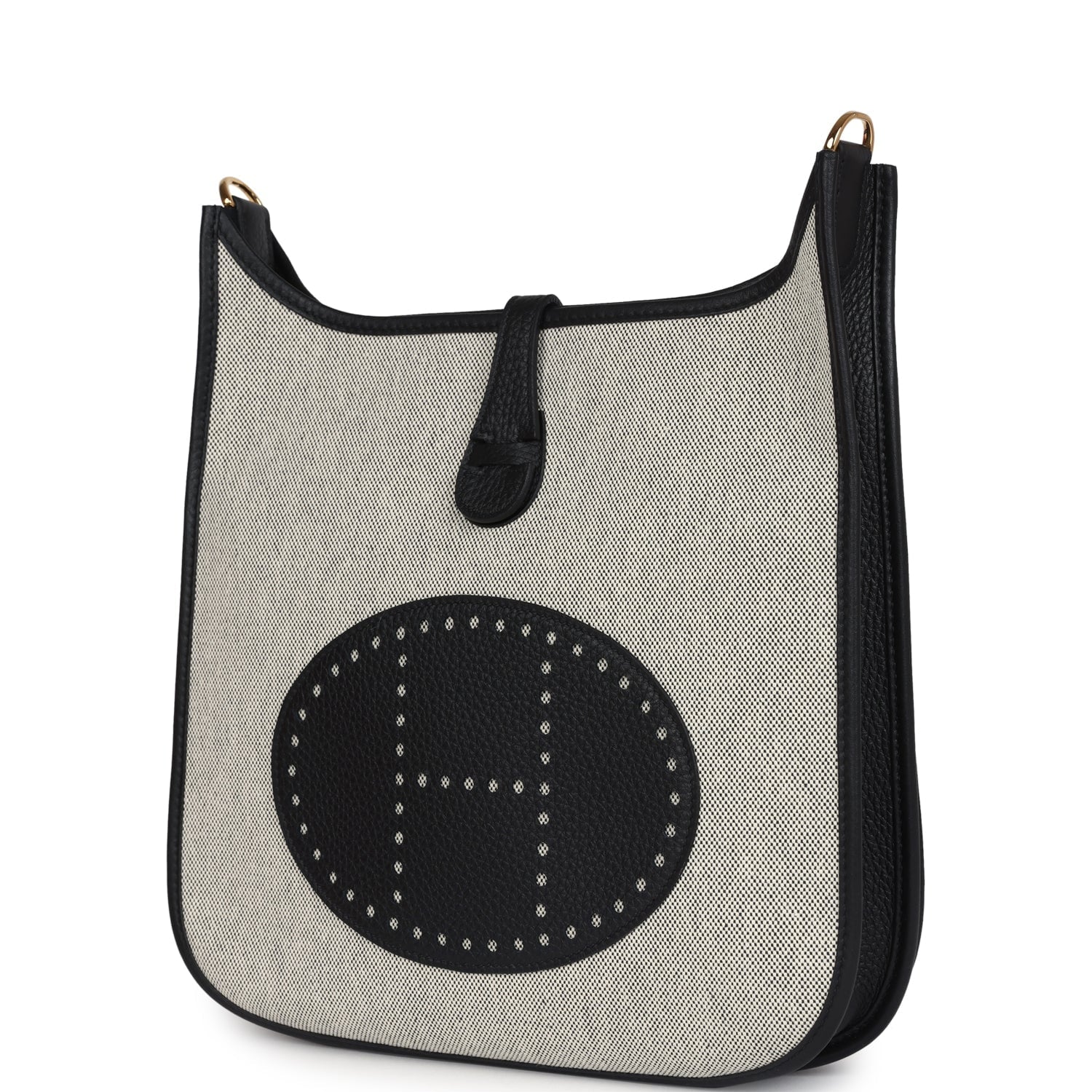 Replicate Hermes Evelyne III PM Black Clemence and Ecru Toile Gold Hardware(1:1 replica)