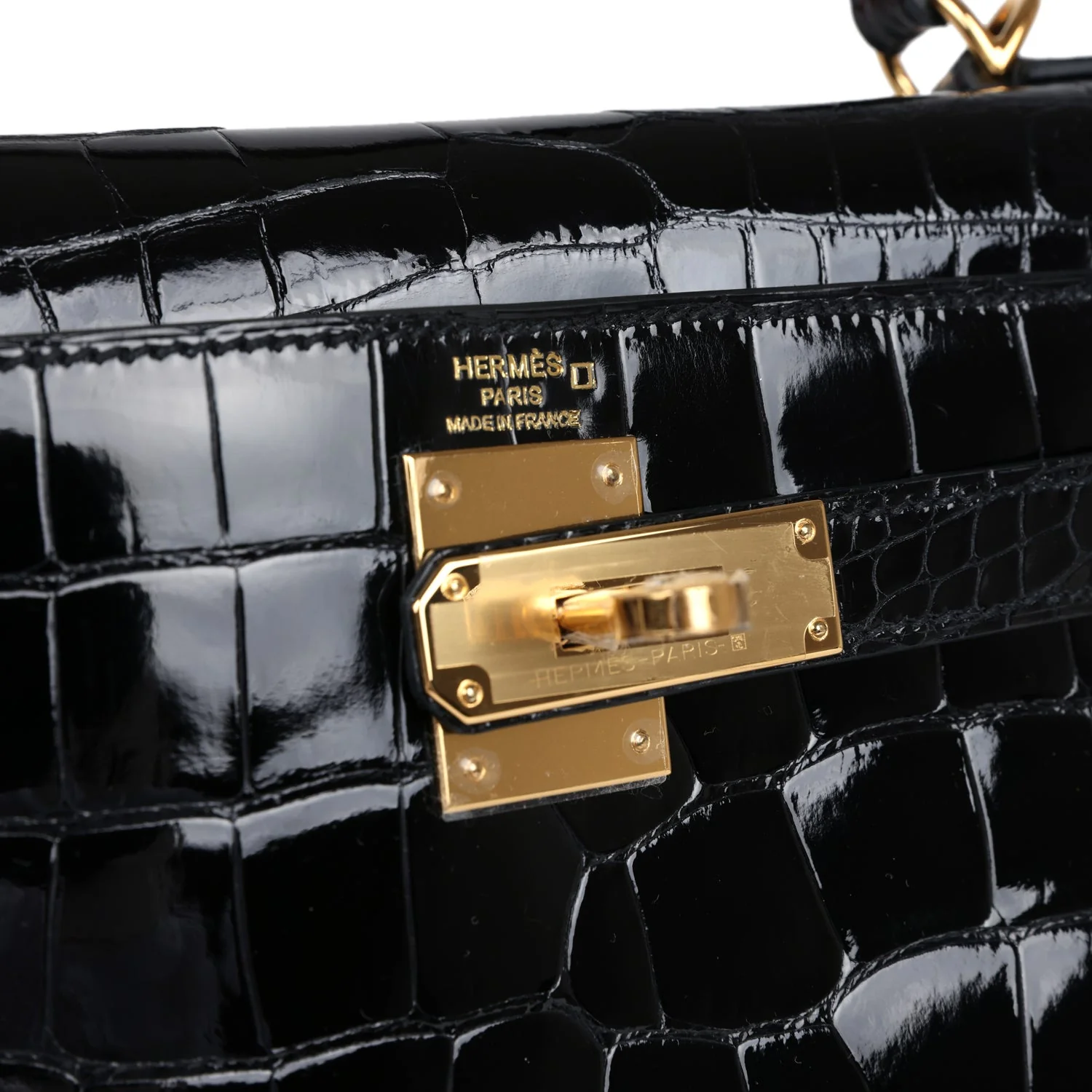 Replicate Hermes Kelly Sellier 28 Black Shiny Alligator Gold Hardware(1:1 replica)