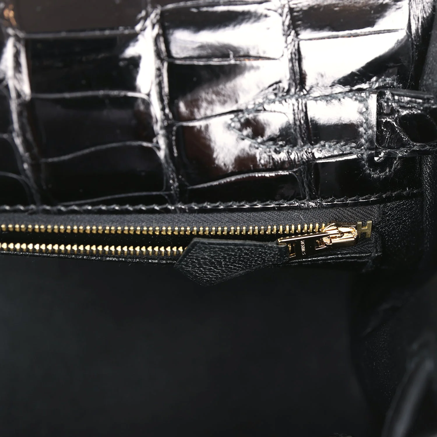 Replicate Hermes Kelly Sellier 32 Black Shiny Porosus Crocodile Gold Hardware(1:1 replica)