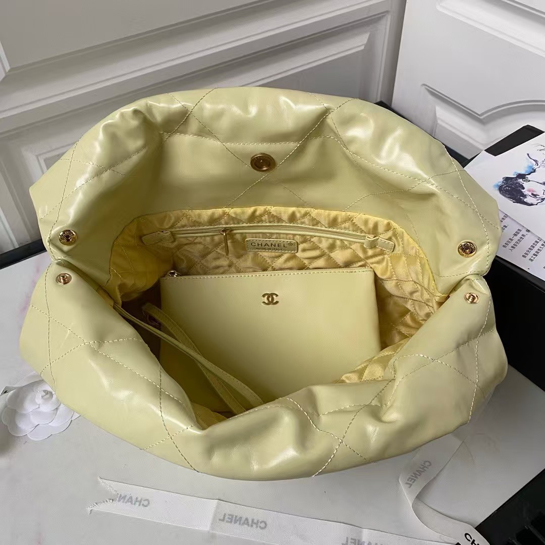 Replicate Chanel 22 Hobo Bag 24C AS4486 Gold Metallic Yellow Shiny Calfskin New Edition Horizontal(1:1 replica)
