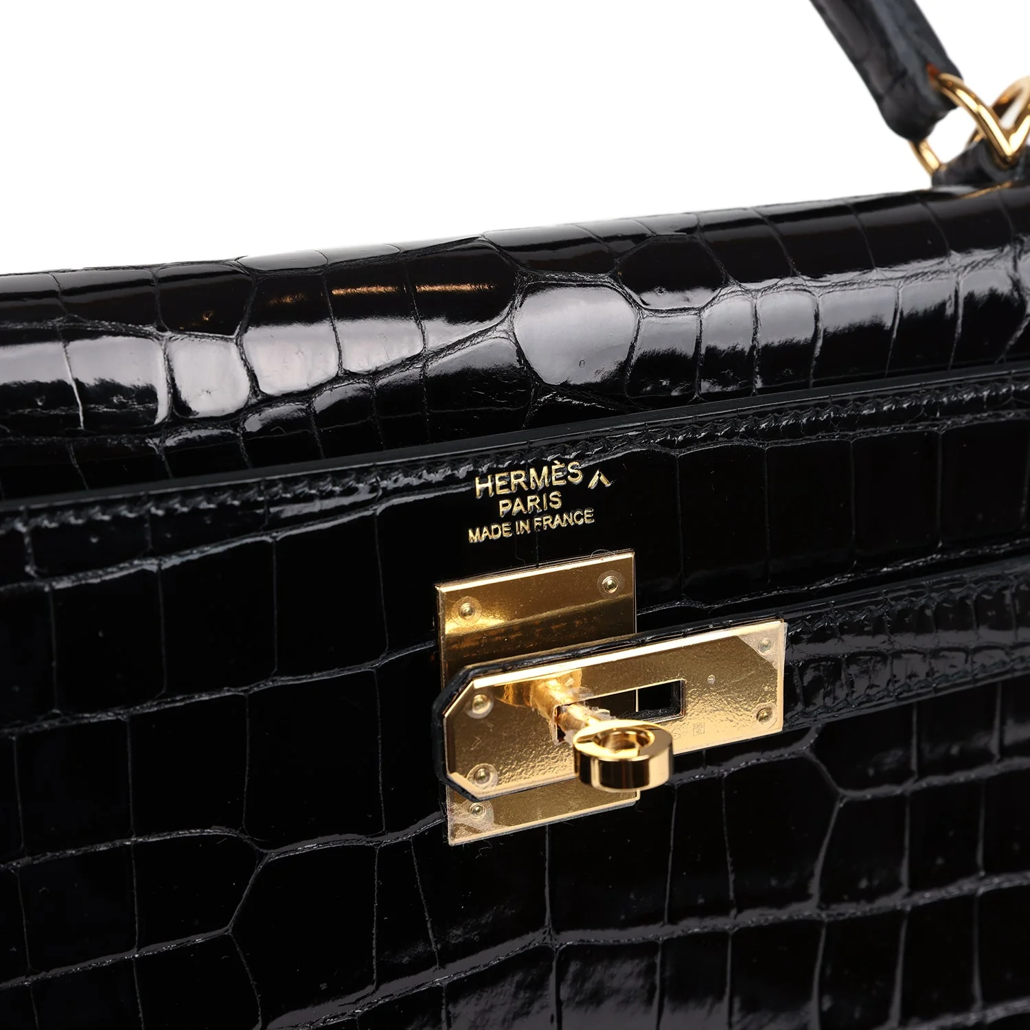 Replicate Hermes Kelly Sellier 32 Black Shiny Porosus Crocodile Gold Hardware(1:1 replica)