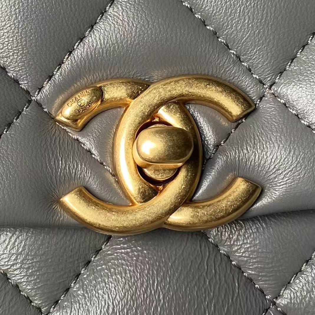 Replicate Chanel AS5001 Mini Flap Bag Top Handle Shiny Lambskin Imitation Pearl   Gold Metallic Grey(1:1 replica)