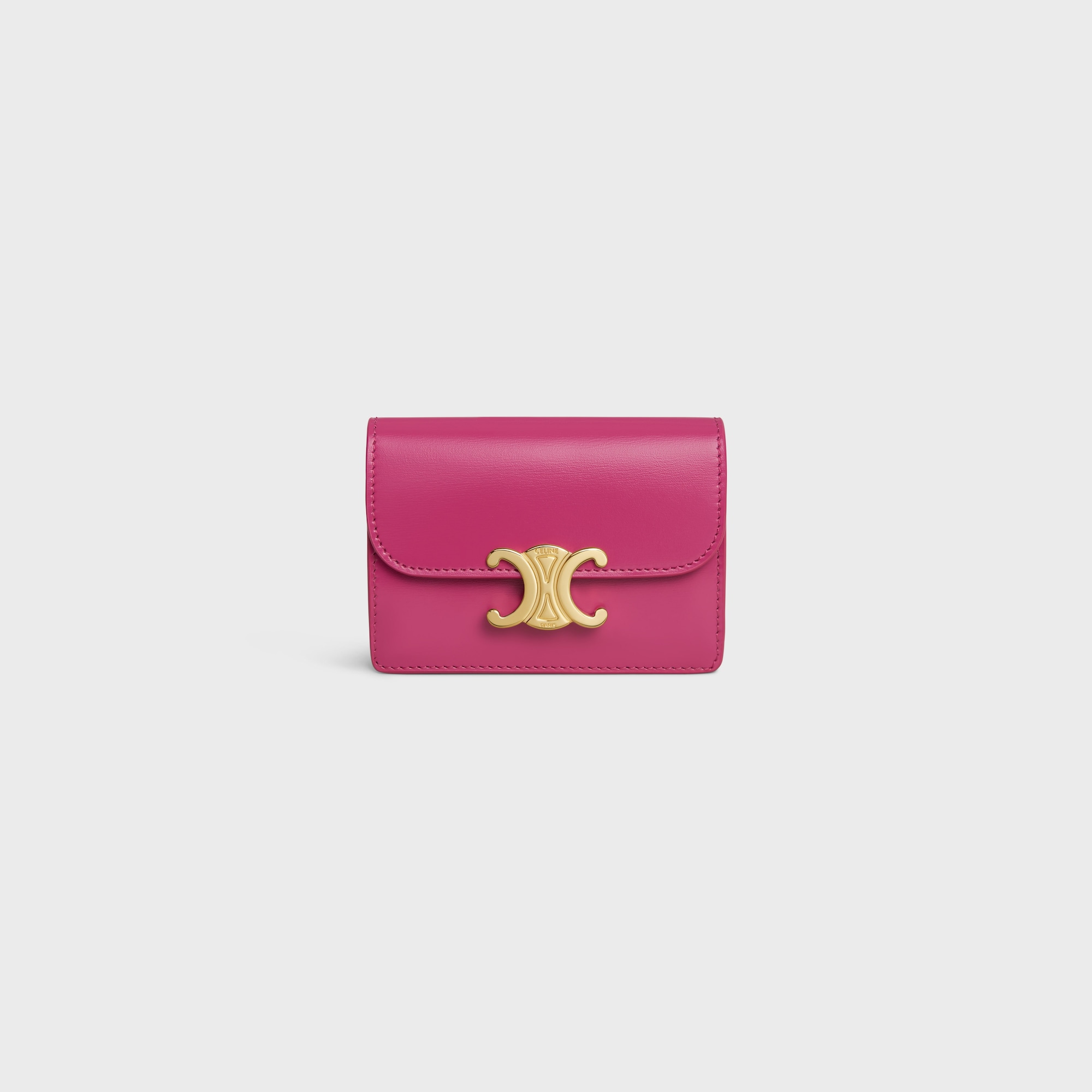 Replicate CARD HOLDER WITH FLAP TRIOMPHE IN SHINY CALFSKIN FUCHSIA(1:1 replica)