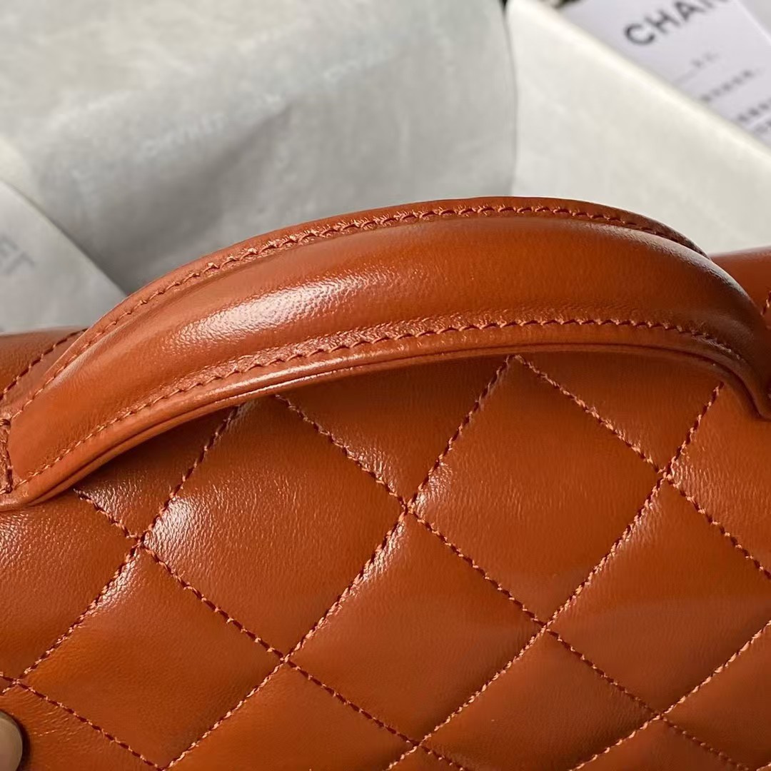 Replicate Chanel 24A AS4992 Mini Shiny Lambskin Flap Bag with Top Handle Brown(1:1 replica)