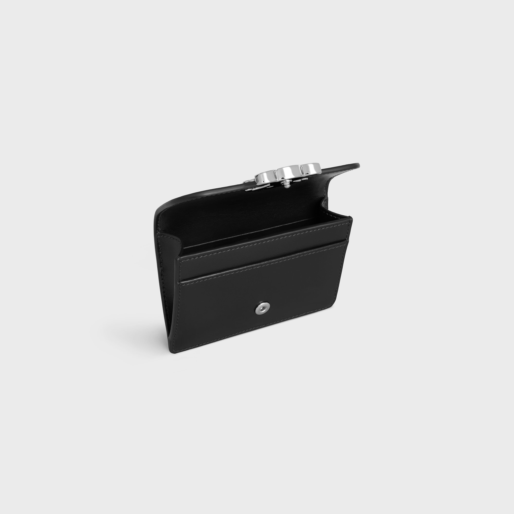 Replicate CARD HOLDER WITH FLAP TRIOMPHE IN SHINY CALFSKIN BLACK(1:1 replica)