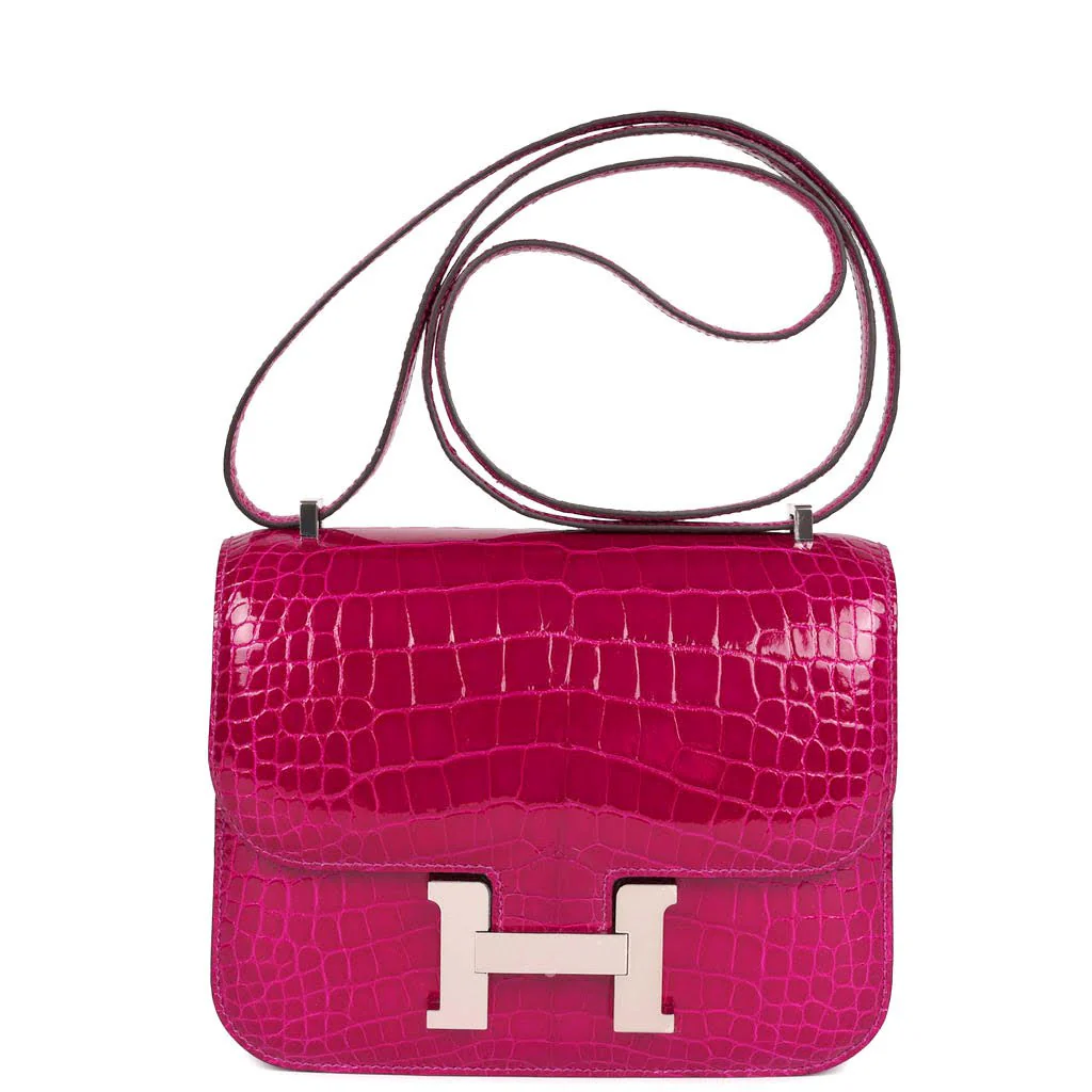 Replicate Hermes Constance 18 Rose Pourpre Shiny Alligator Palladium Hardware(1:1 replica)