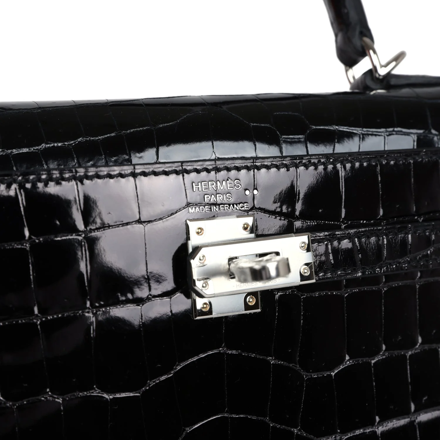 Replicate Hermes Kelly Sellier 25 Black Shiny Niloticus Crocodile Palladium Hardware(1:1 replica)
