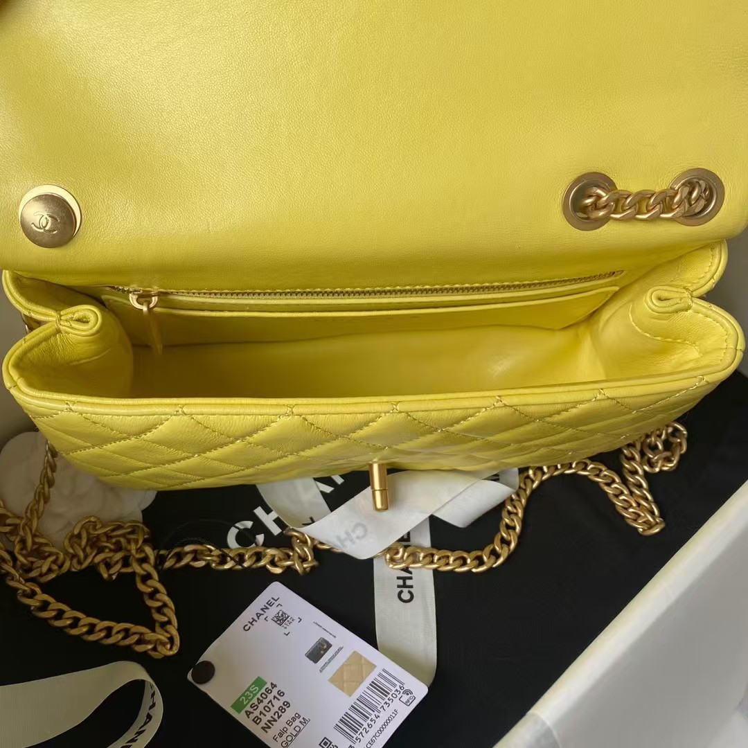 Replicate Chanel 23S AS4064 Camellia Embossed Chain Lambskin Flap Bag Yellow(1:1 replica)
