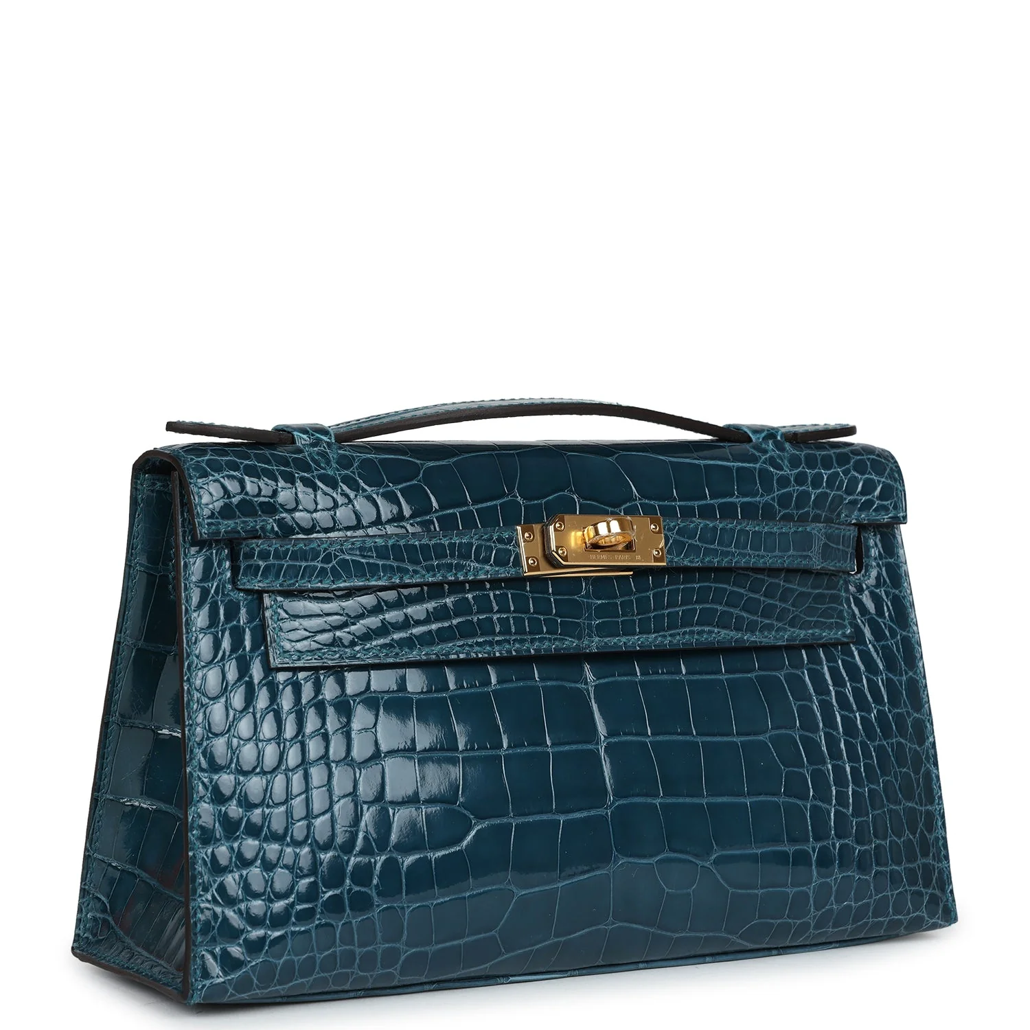 Replicate Hermes Kelly Pochette Vert Bosphore Shiny Alligator Gold Hardware(1:1 replica)