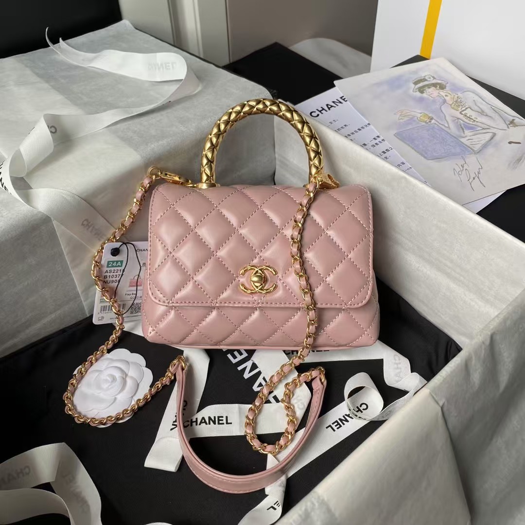 Replicate Chanel AS2215 Mini Flap Bag With Metal Top Handle Shiny Calfskin Pink(1:1 replica)