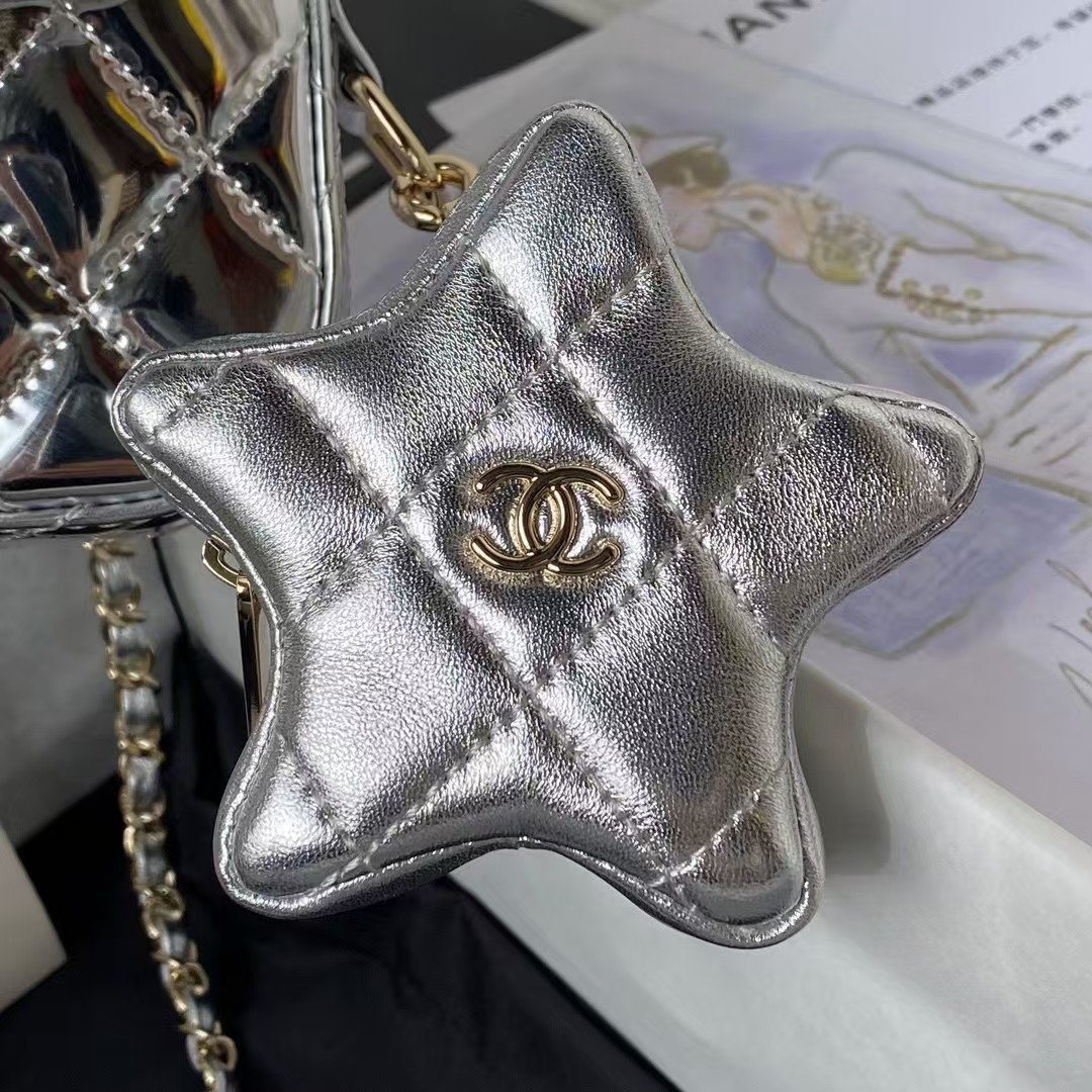 Replicate Chanel AS4647 Mini Flap Bag With Star Coin Purse Metallic Calfskin   Gold Metallic Silver(1:1 replica)