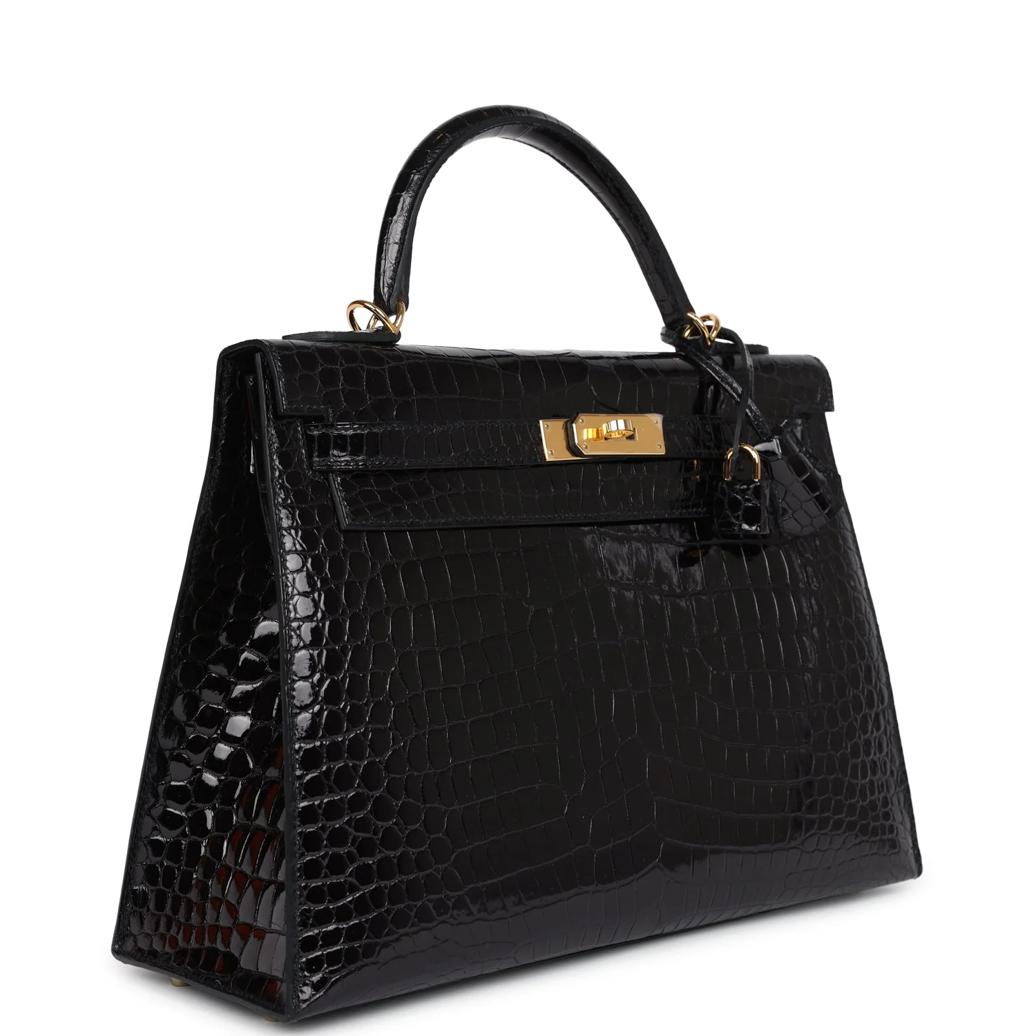 Replicate Hermes Kelly Sellier 32 Black Shiny Porosus Crocodile Gold Hardware(1:1 replica)