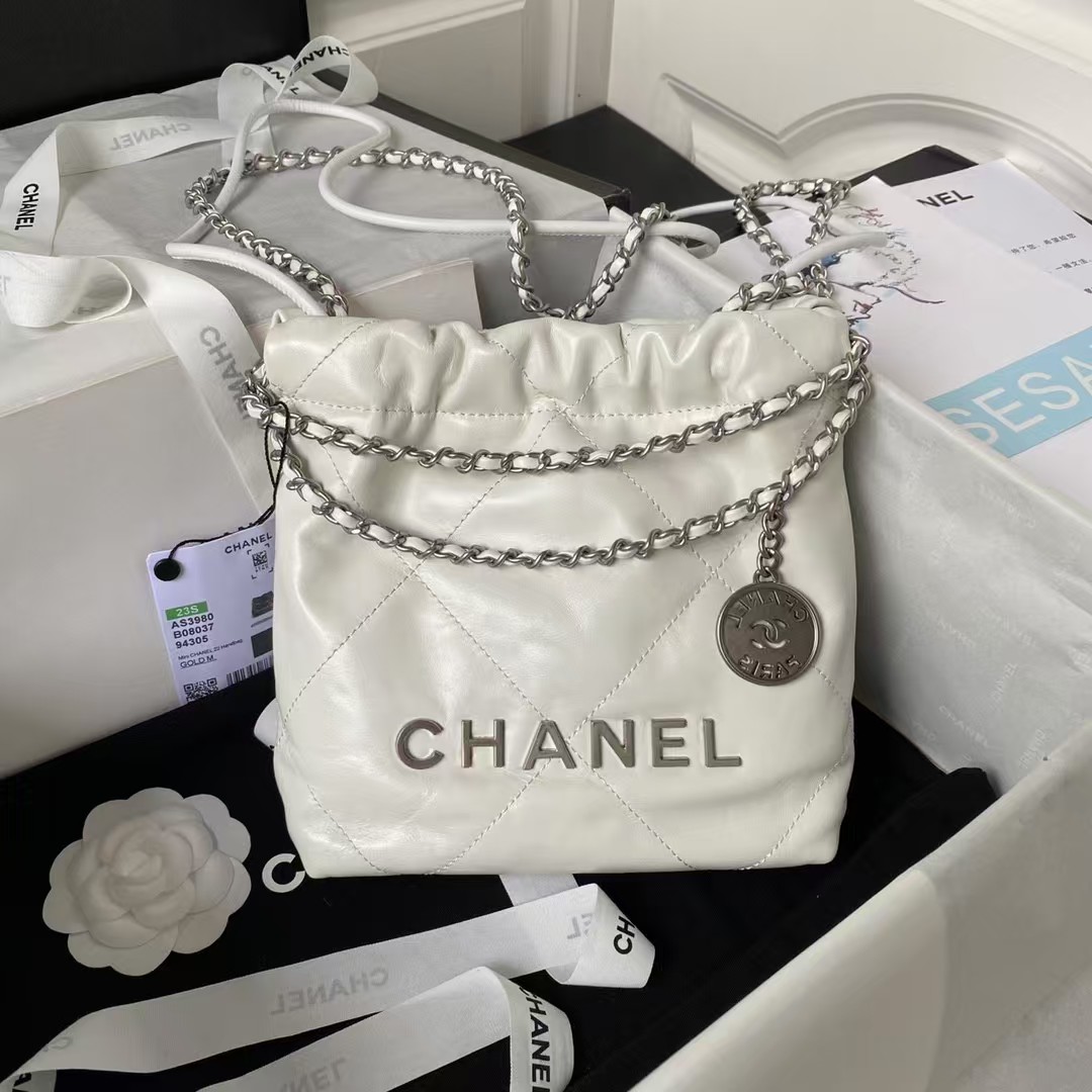 Replicate Chanel 22 AS3980 Mini Tote Shiny Calfskin   Silver-Tone Metal White(1:1 replica)