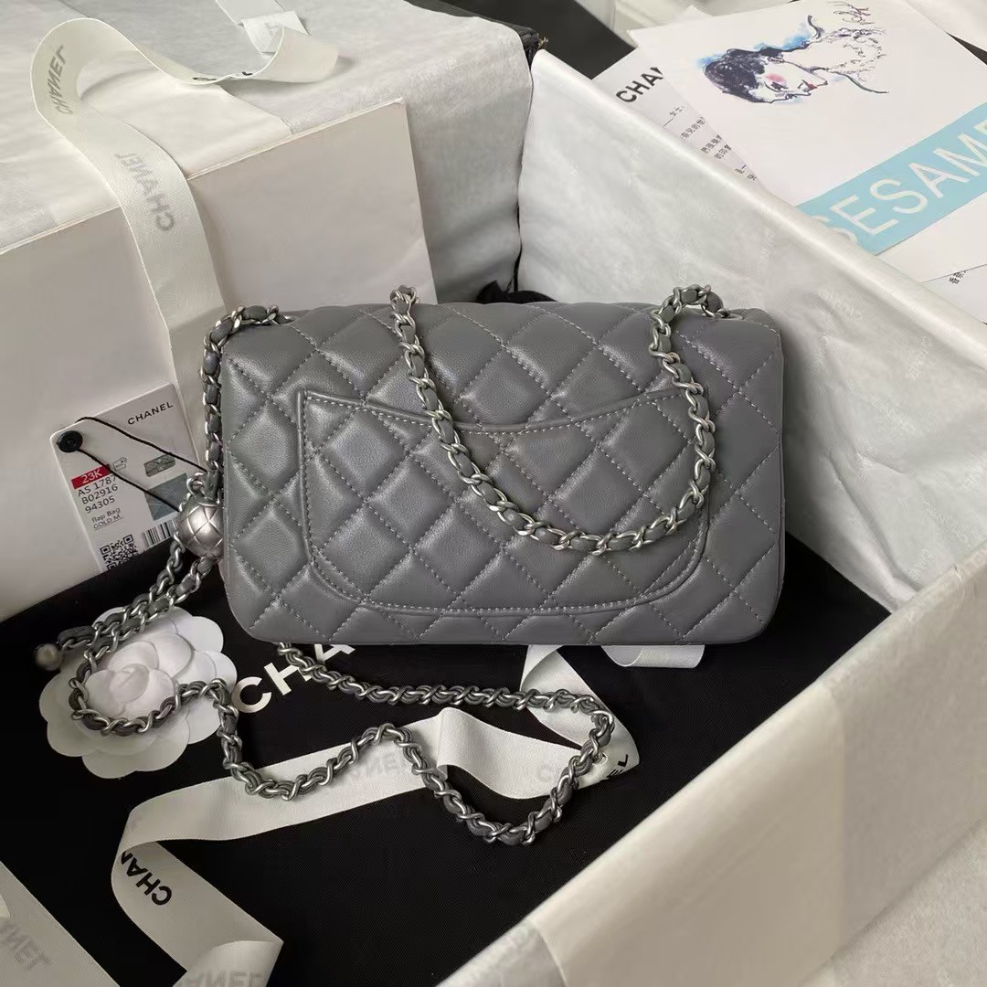 Replicate Chanel 23K AS1787 Mini Pearl Embossed Rectangular Flap Bag Lambskin Brushed Silver Metal Hardware Dark Grey(1:1 replica)