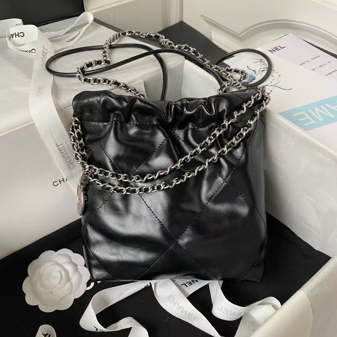 Replicate Chanel 22 AS3980 Mini Tote Bag Shiny Calfskin   Silver Metal Black(1:1 replica)