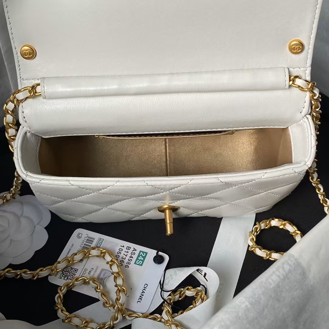 Replicate Chanel AS4986 Mini Flap bag Shiny Lambskin Imitation Pearls   Gold-Tone Metal White(1:1 replica)