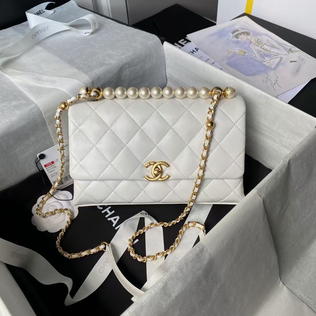 Replicate Chanel AS4997 Flap Bag Top Handle Shiny Lambskin Imitation Pearl   Gold Metal White(1:1 replica)