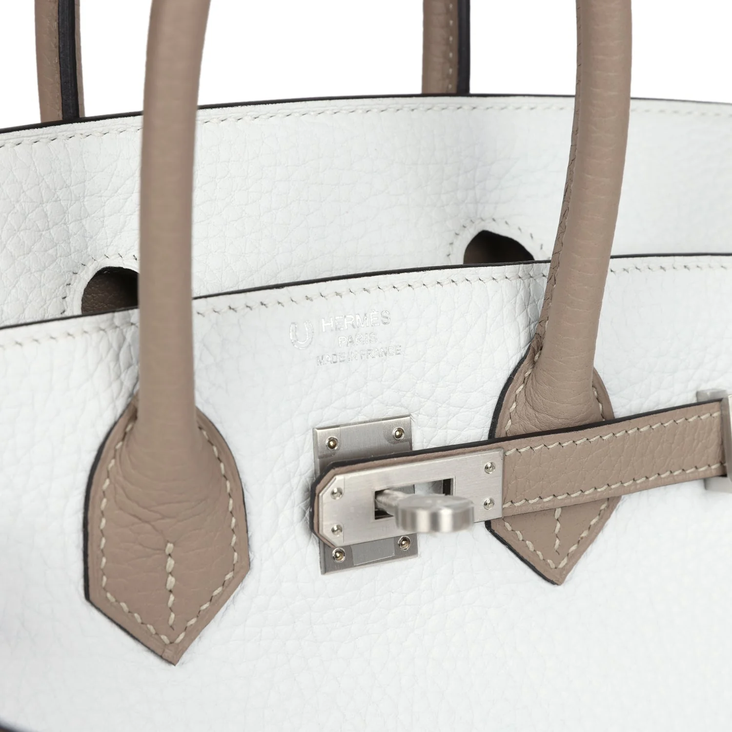 Replicate Hermes Special Order (HSS) Birkin 25 White and Etoupe Clemence Brushed Palladium Hardware(1:1 replica)