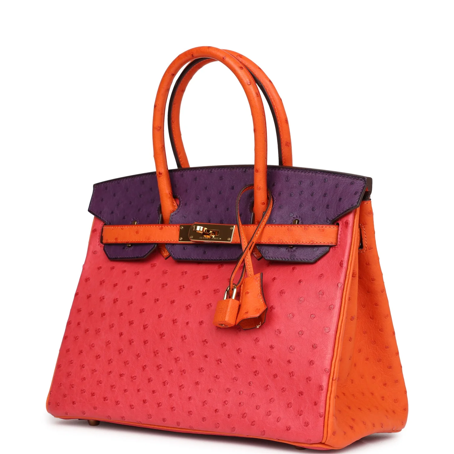 Replicate Hermes Special Order (HSS) Birkin 30 Tangerine, Violet and Bougainvillea Ostrich Gold Hardware(1:1 replica)