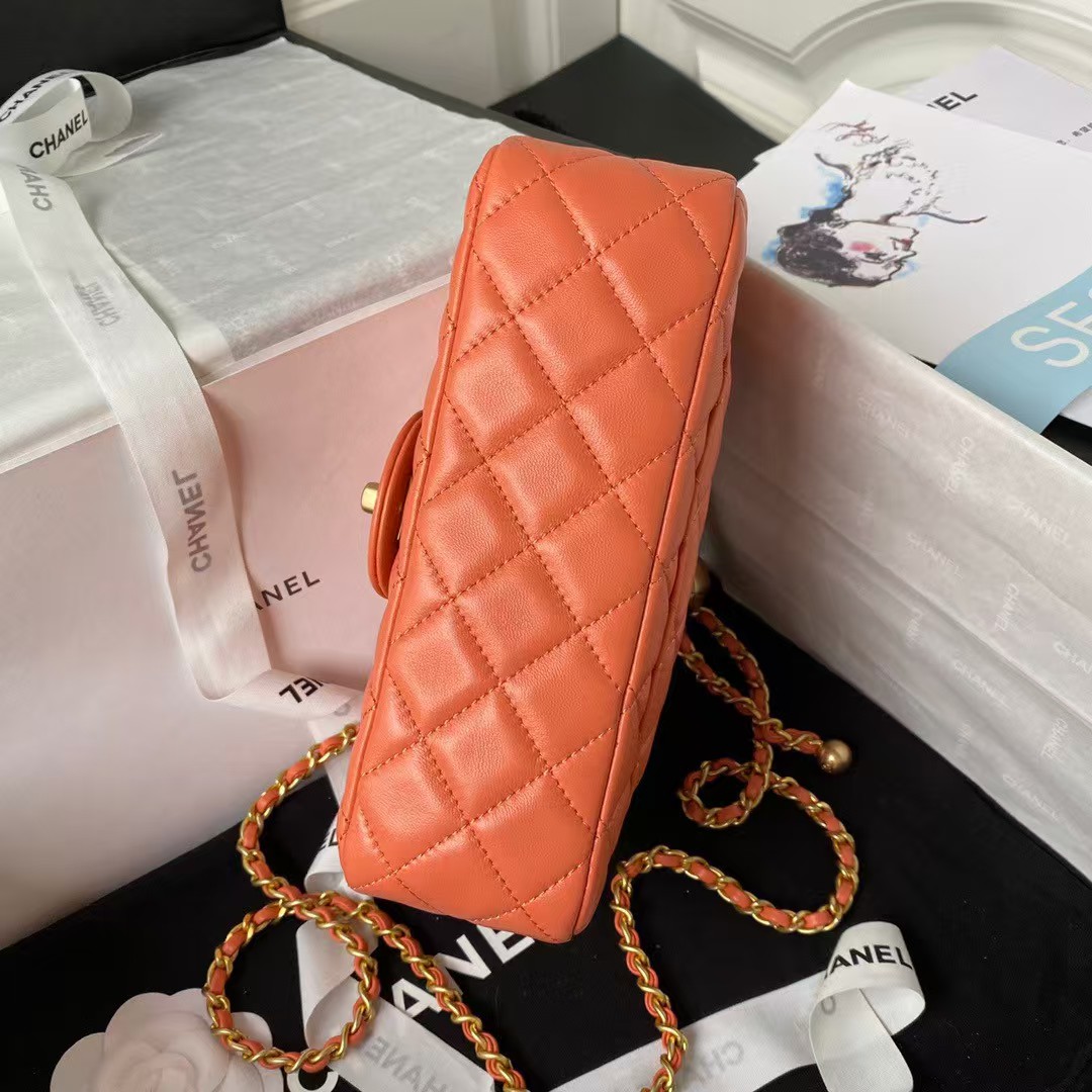 Replicate Chanel 23K AS1787 Mini Pearl Embossed Rectangular Flap Bag Lambskin Brushed Metal Hardware Orange(1:1 replica)