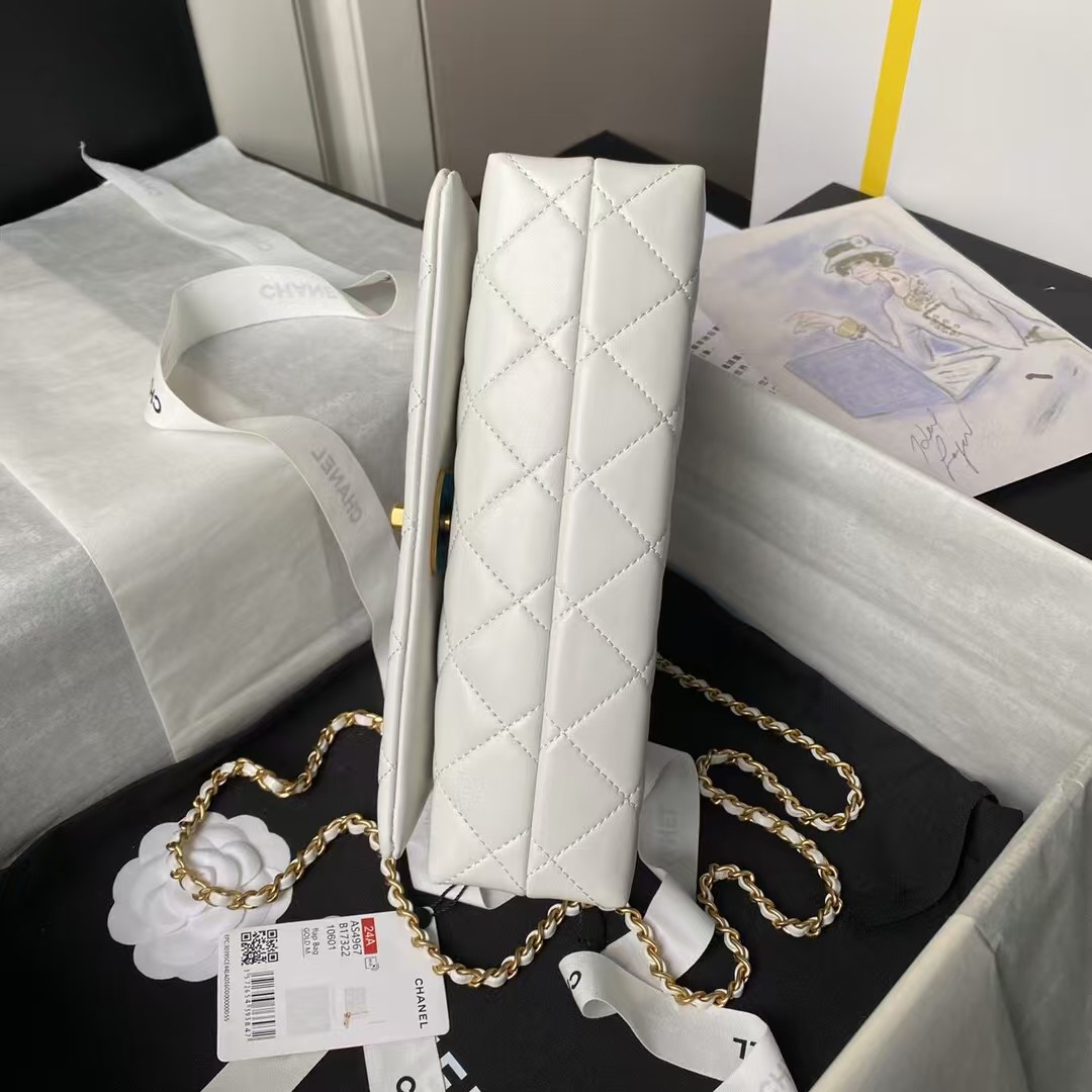 Replicate Chanel AS4967 Small Flap Bag Shiny Lambskin Enamel   Gold Metal White(1:1 replica)
