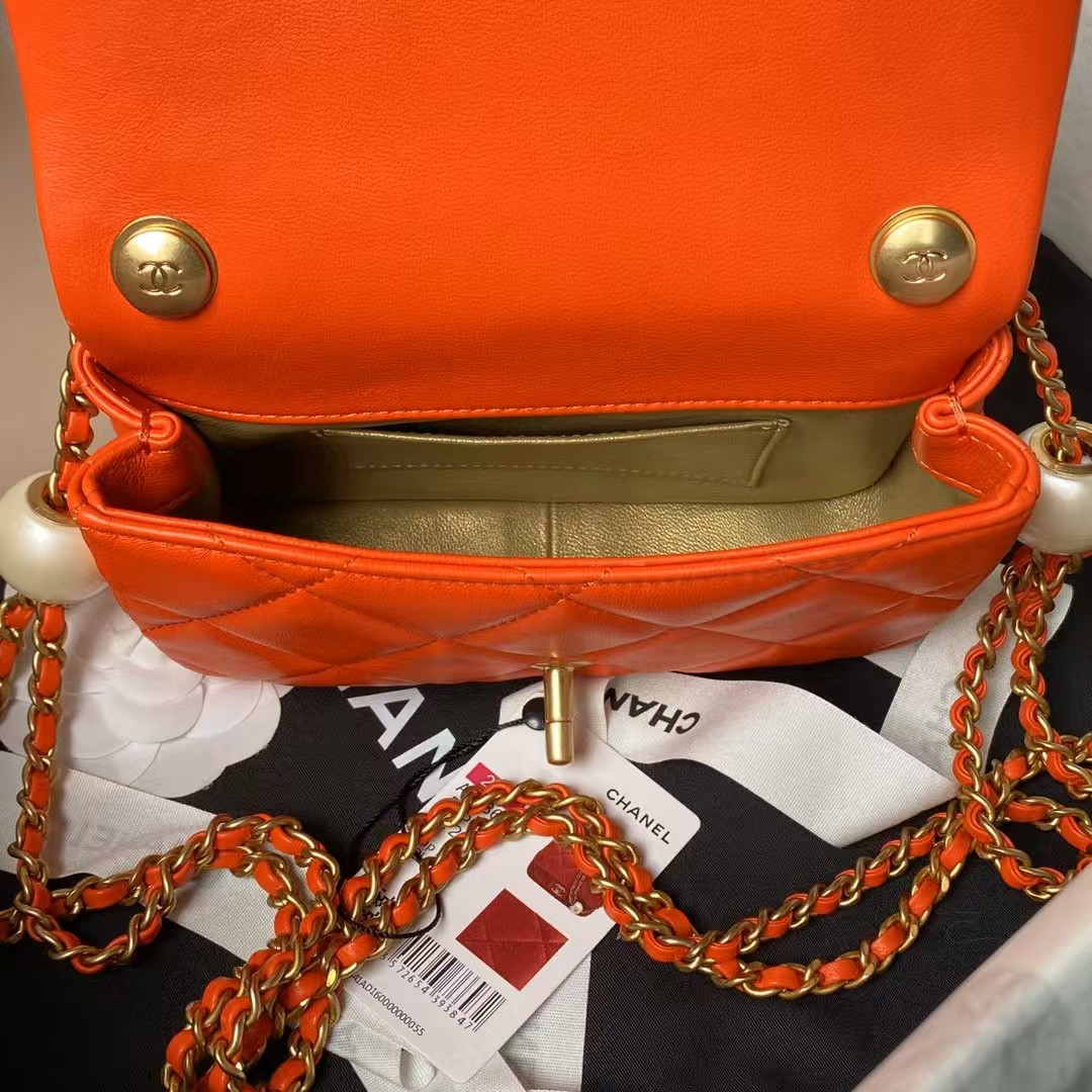 Replicate Chanel AS4868 Mini Flap Bag Pearl Lambskin Faux Pearl   Gold Metal Orange(1:1 replica)