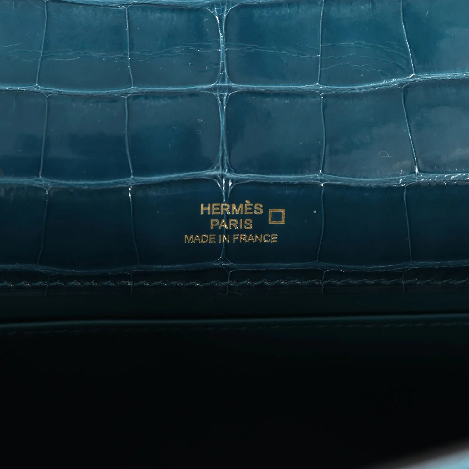 Replicate Hermes Kelly Pochette Vert Bosphore Shiny Alligator Gold Hardware(1:1 replica)