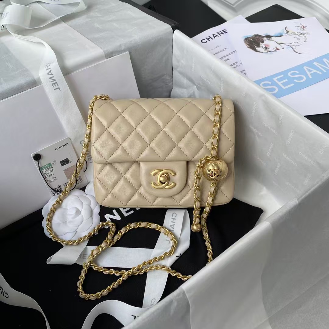 Replicate Chanel 23C AS1786 Mini Square Pearl Embossed Flap Bag Antique Gold Hardware Apricot(1:1 replica)