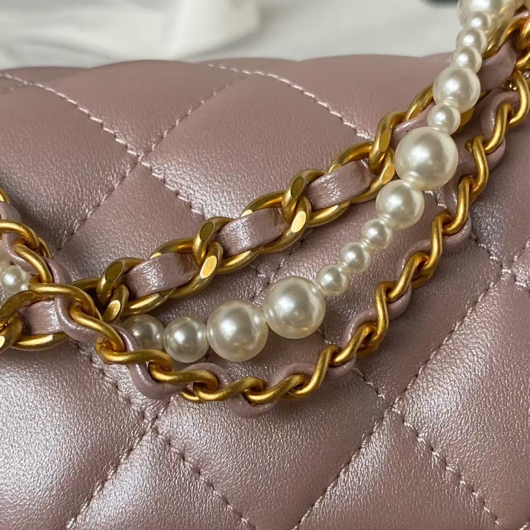 Replicate Chanel AS4385 Mini Flap Bag Pearl Lambskin Faux Pearl   Gold Metal Pink Iridescent(1:1 replica)