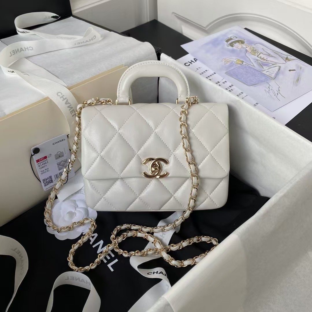 Replicate Chanel 24C AS4543 Mini Flap Bag Chain Bag Top Handle White Lambskin(1:1 replica)