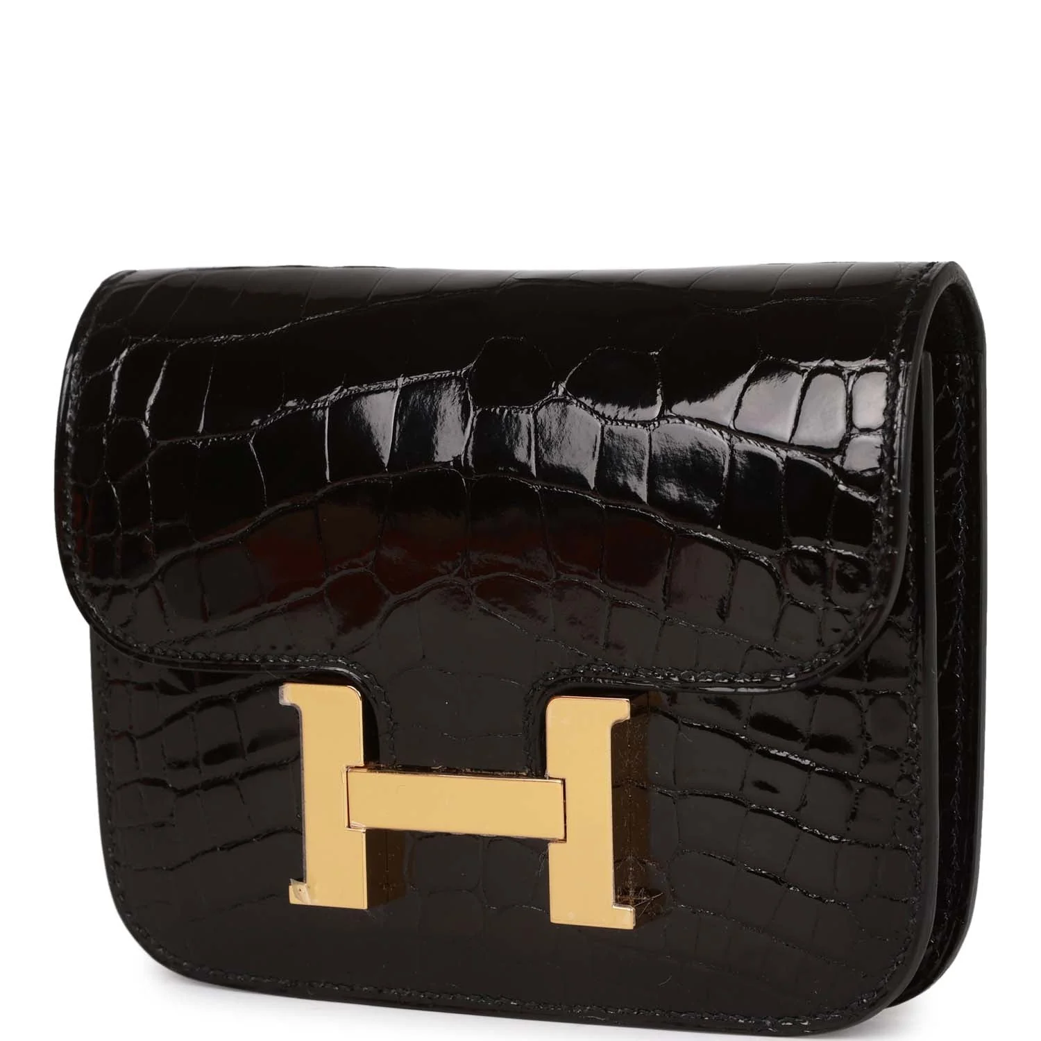 Replicate Hermes Constance Slim Wallet Shiny Black Alligator Gold Hardware(1:1 replica)