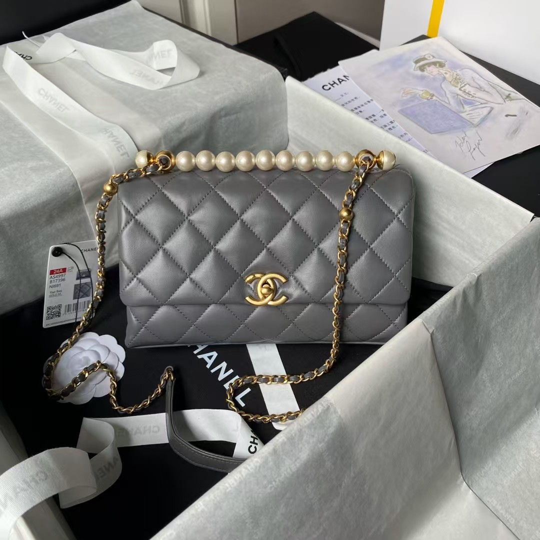 Replicate Chanel AS4997 Flap Bag Top Handle Shiny Lambskin Imitation Pearl   Gold Metal Grey(1:1 replica)