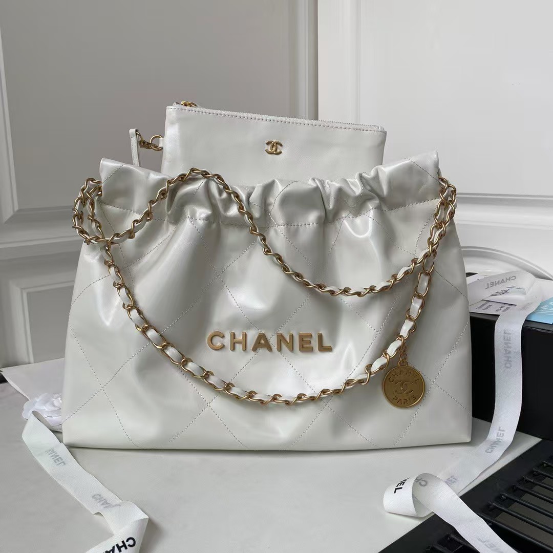 Replicate Chanel 22 Hobo Bag 24C AS4486 Gold Metallic White Shiny Calfskin New Edition Horizontal(1:1 replica)