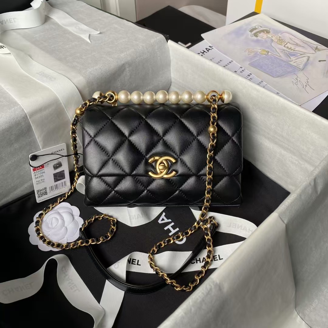 Replicate Chanel AS5001 Mini Flap Bag Top Handle Shiny Lambskin Imitation Pearl   Gold Metal Black(1:1 replica)
