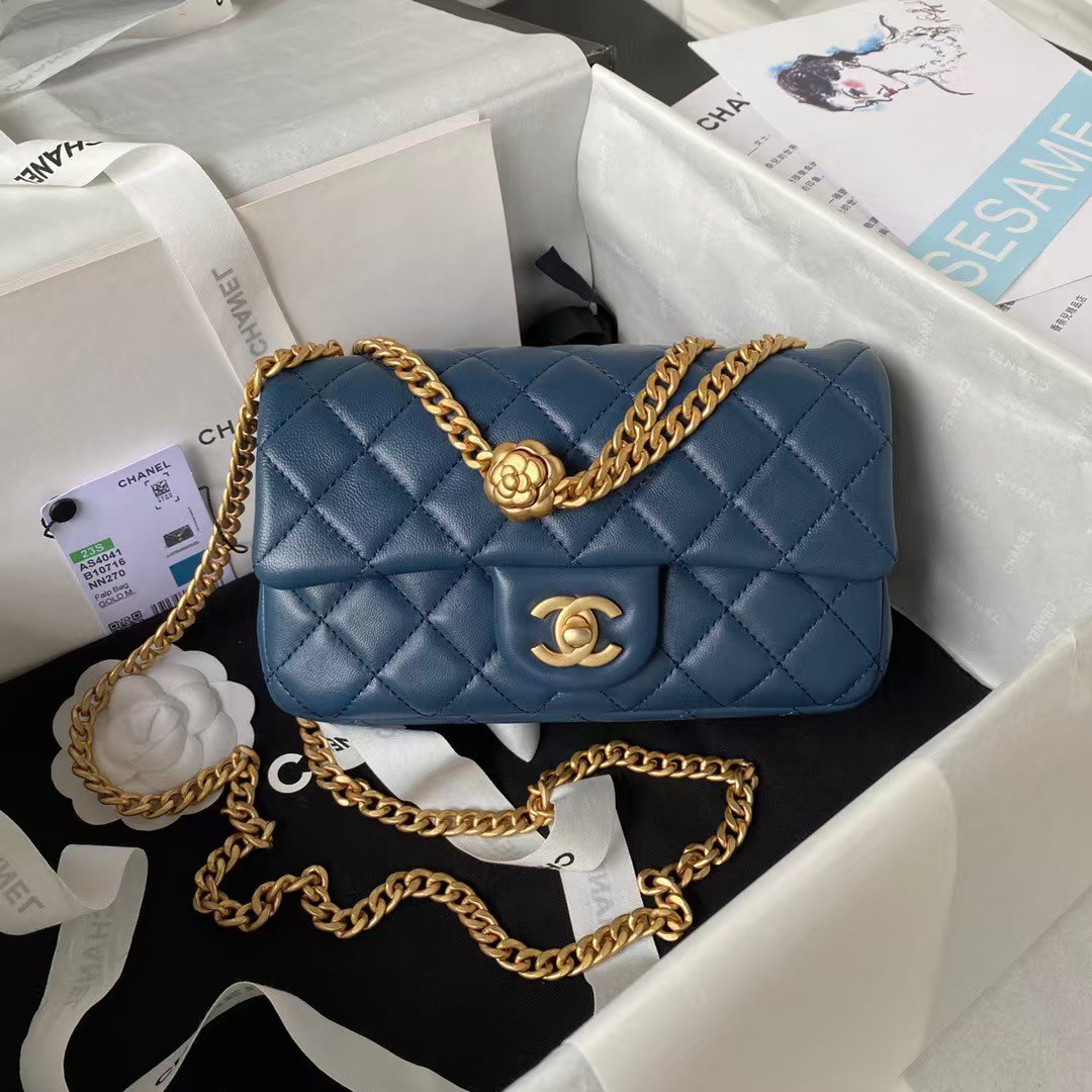 Replicate Chanel 23S AS4041 Mini Camellia Embossed Rectangular Flap Bag Antique Gold Hardware Blue(1:1 replica)
