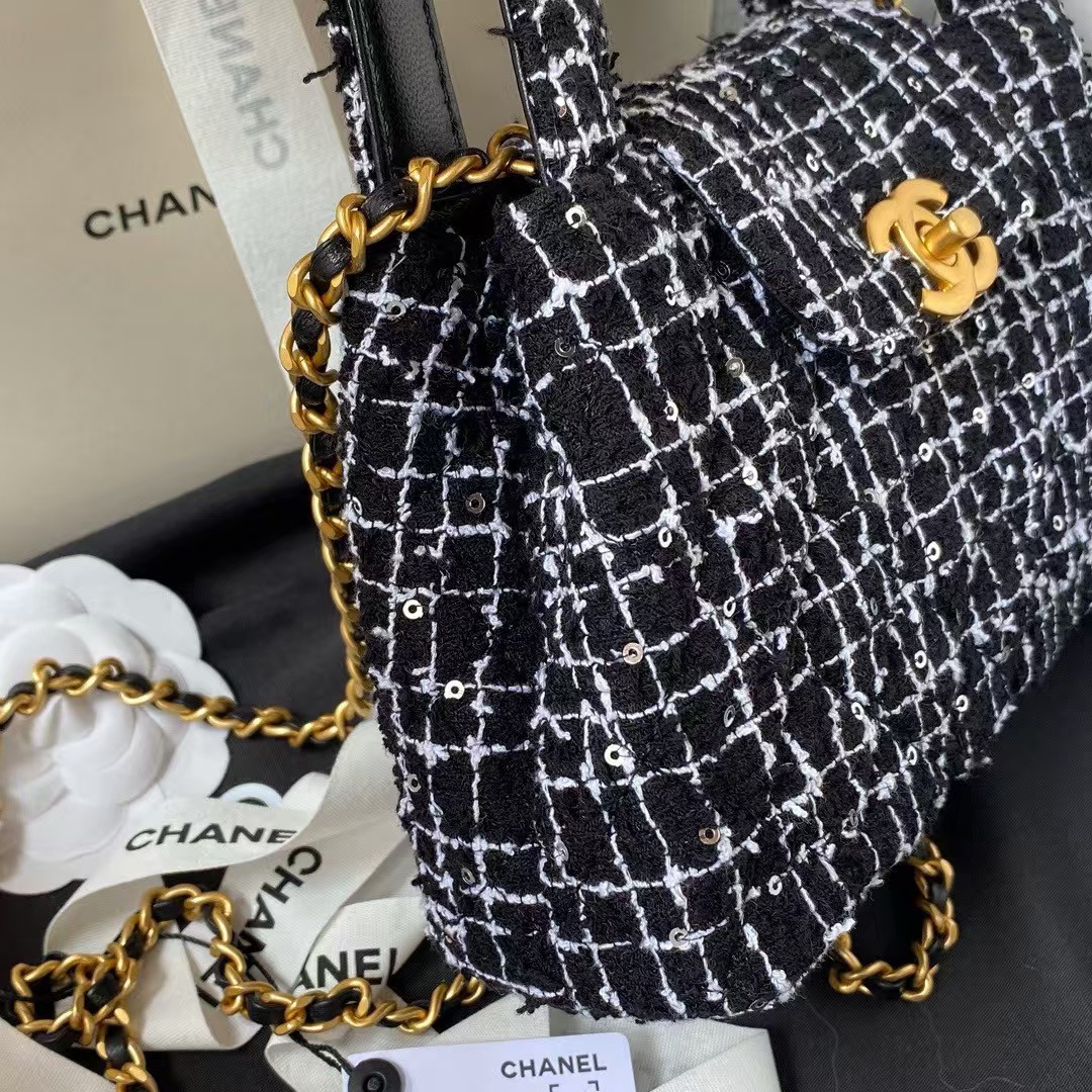 Replicate Chanel AS4416 Mini Shopping Bag Tweed and Black Calfskin Gold-Tone Metal Black and White(1:1 replica)