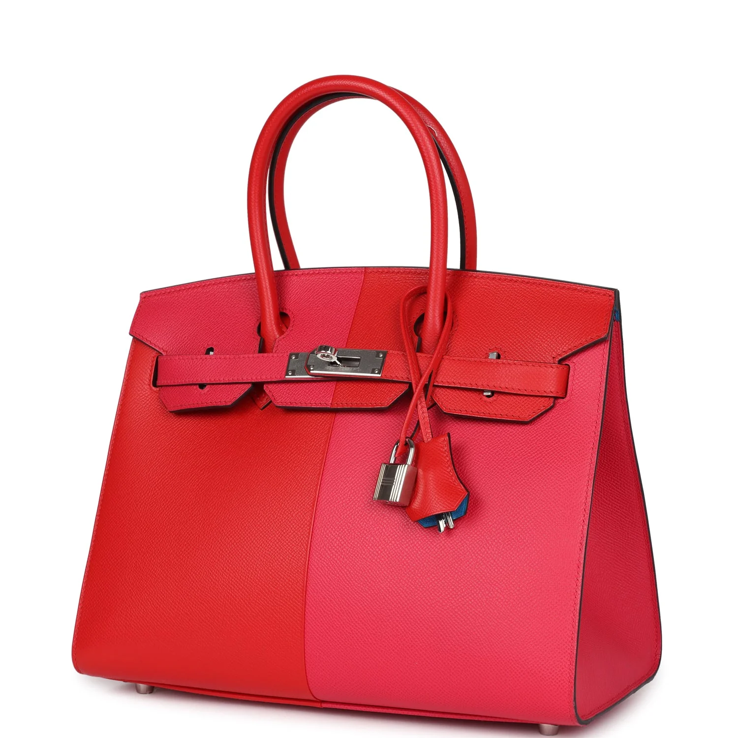 Replicate Hermes Casaque Birkin 30 Rouge De Coeur, Rose Extreme and Bleu Zanzibar Epsom Palladium Hardware(1:1 replica)