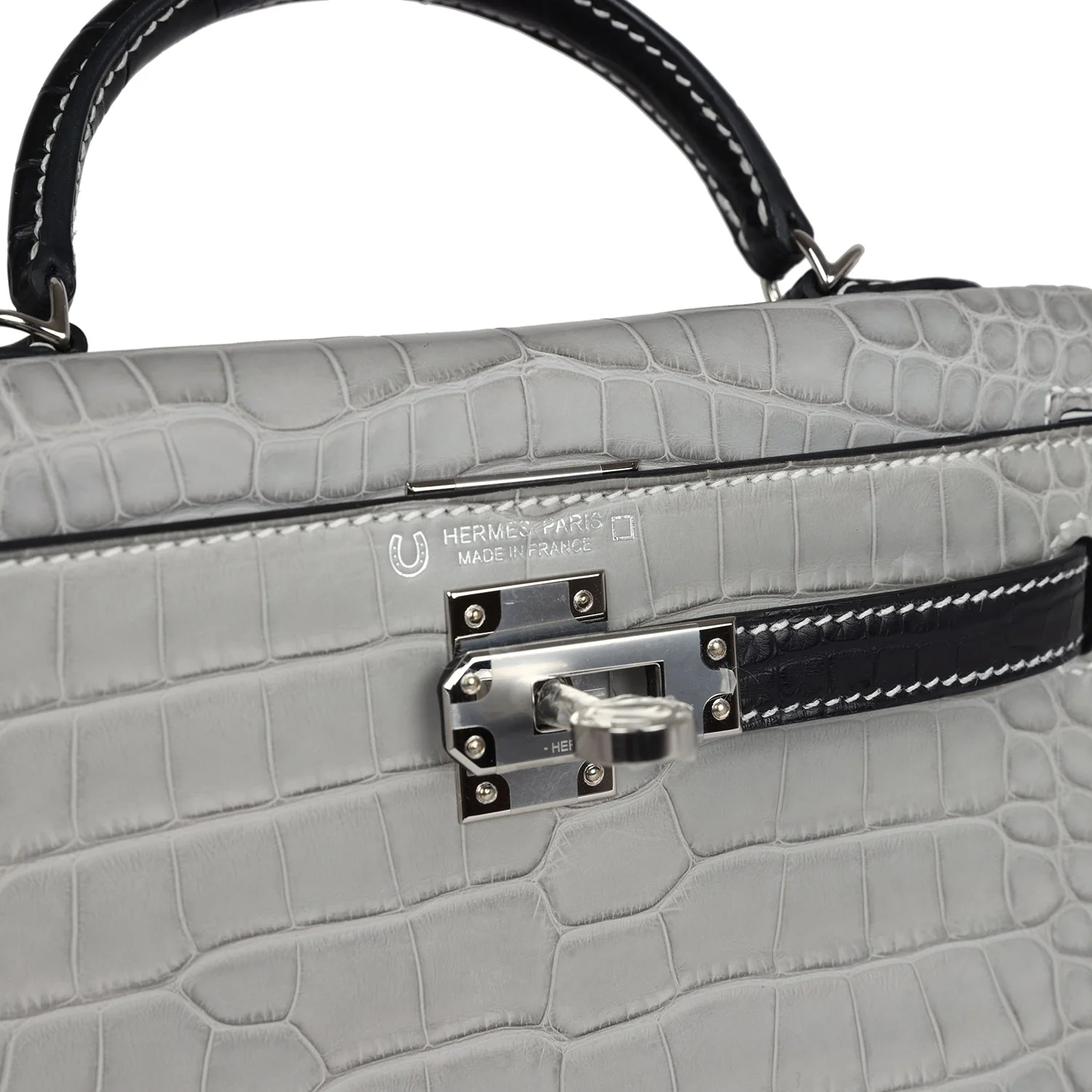 Replicate Hermes Special Order (HSS) Kelly Sellier 20 Gris Perle and Black Matte Alligator Palladium Hardware(1:1 replica)