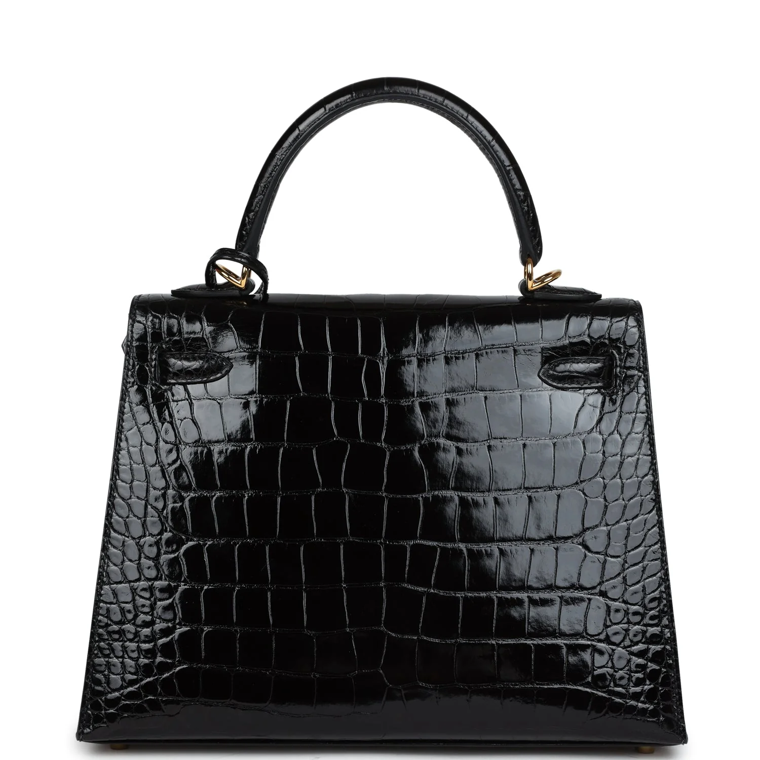 Replicate Hermes Kelly Sellier 25 Black Shiny Alligator Gold Hardware(1:1 replica)