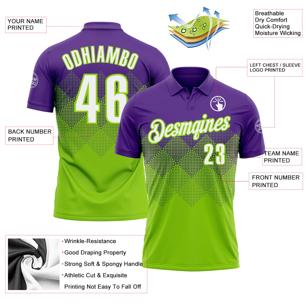 Custom Purple White-Neon Green 3D Gradient Square Shape Performance Polo Shirt
