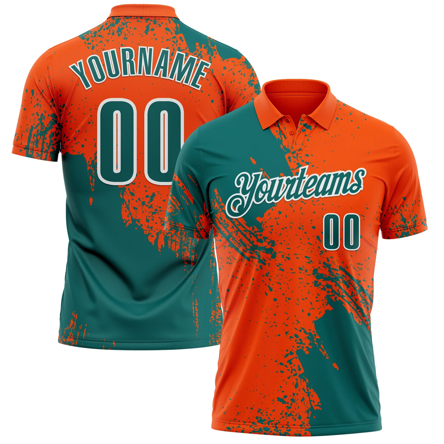 Custom Teal Orange-White 3D Pattern Design Abstract Brush Stroke Performance Polo Shirt