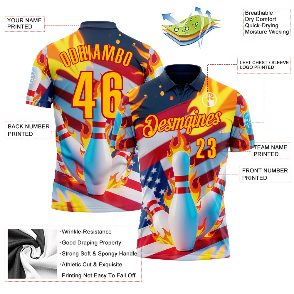 Custom Navy Gold-Red 3D American Flag Flame Bowling Performance Polo Shirt