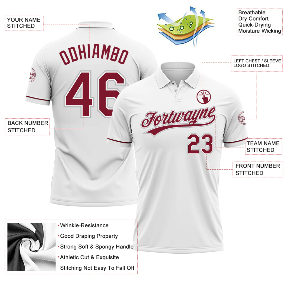 Custom White Crimson-Gray Performance Vapor Golf Polo Shirt