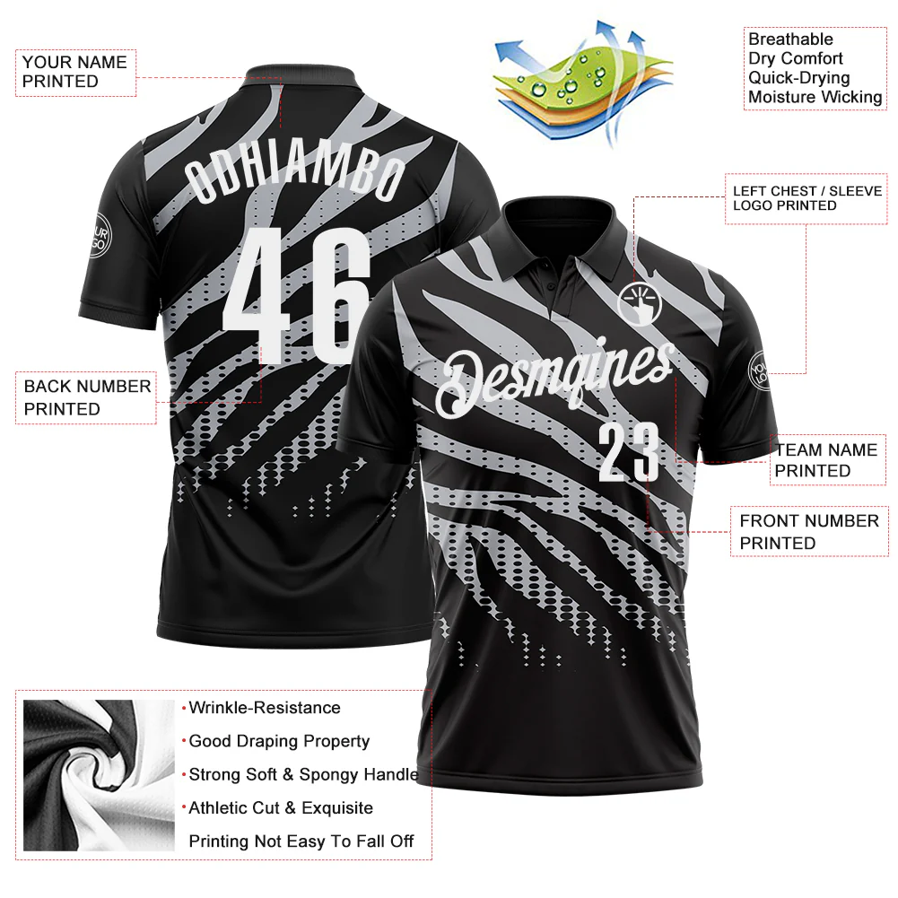 Custom Black Gray-White 3D Bowling Dot Performance Polo Shirt