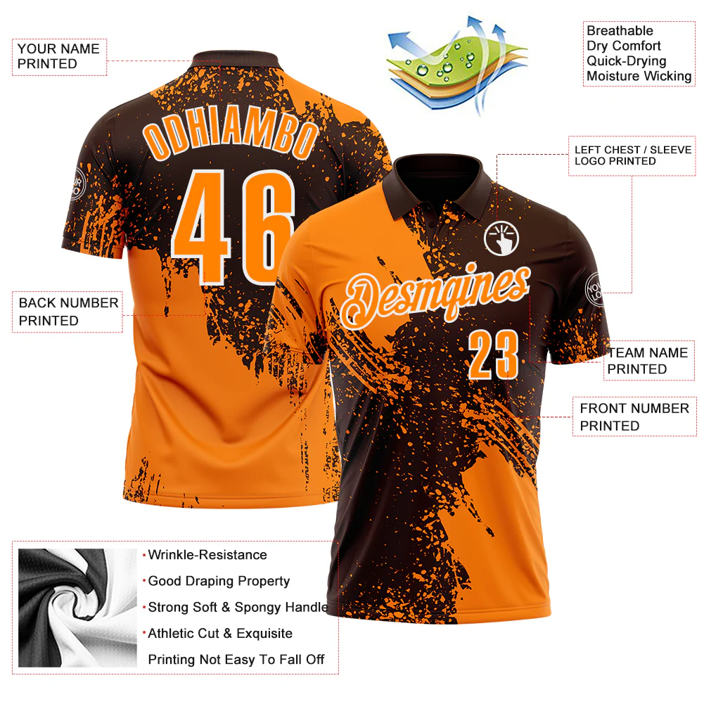 Custom Bay Orange Brown-White 3D Pattern Design Abstract Brush Stroke Performance Polo Shirt