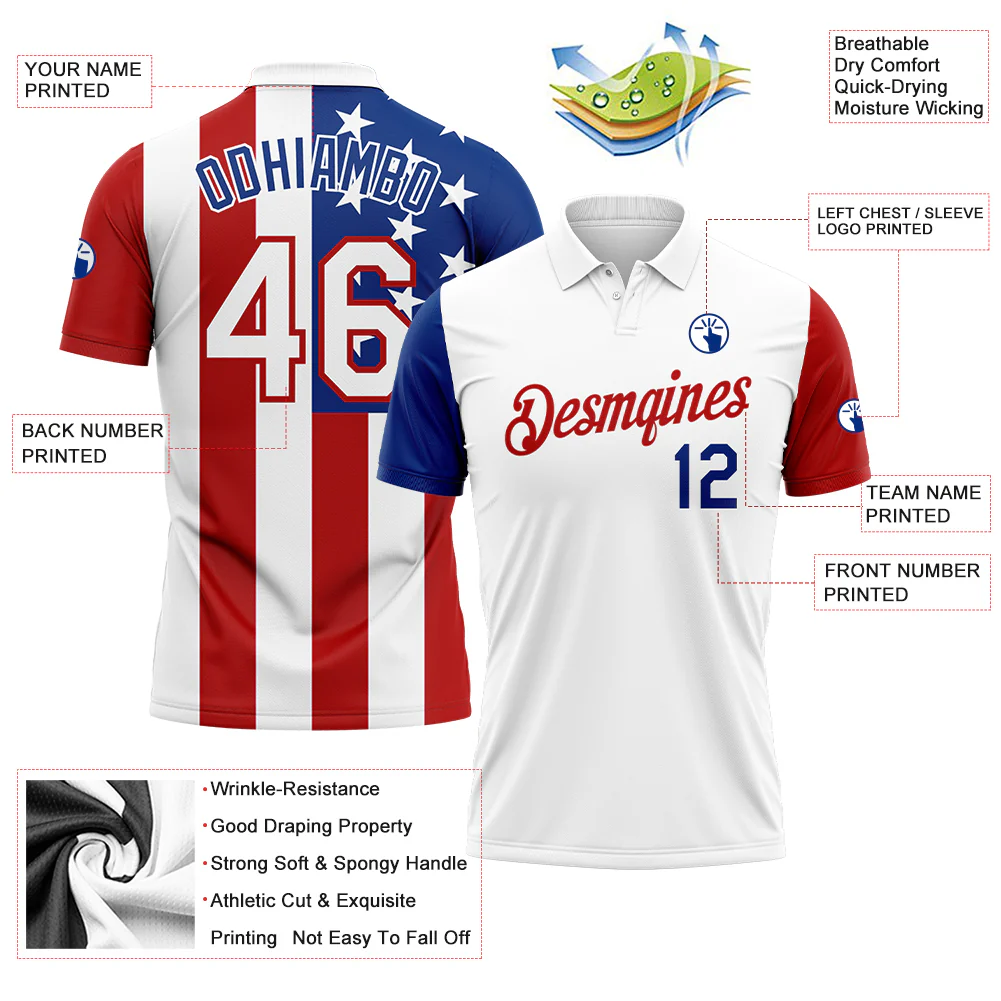 Custom White Red-Royal 3D American Flag Performance Golf Polo Shirt