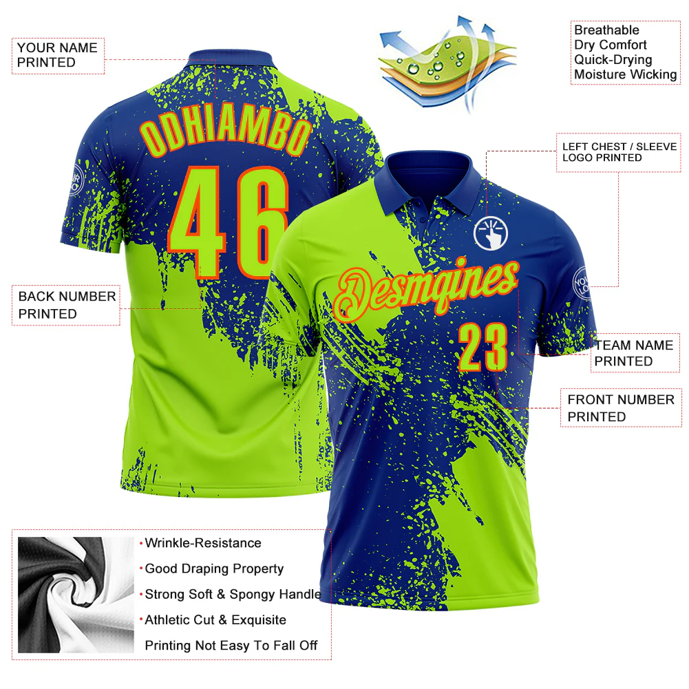Custom Neon Green Royal-Orange 3D Pattern Design Abstract Brush Stroke Performance Polo Shirt